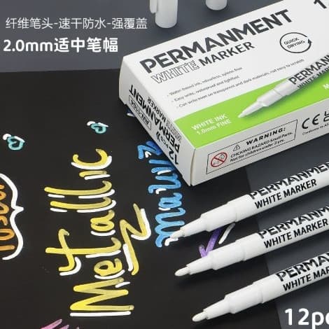 Caneta Marcador Permanente Branco | Permanent White Marker Kit 12 Unidades Tinta Branca para Plástico, Metal, Vidros