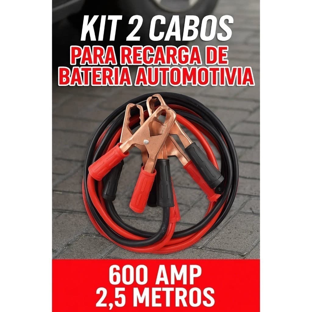 Kit 2 Cabos Chupeta Bateria 600A 2.5m Reforçado Cabo Auxiliar Emergência Carro Moto Garra Isolada