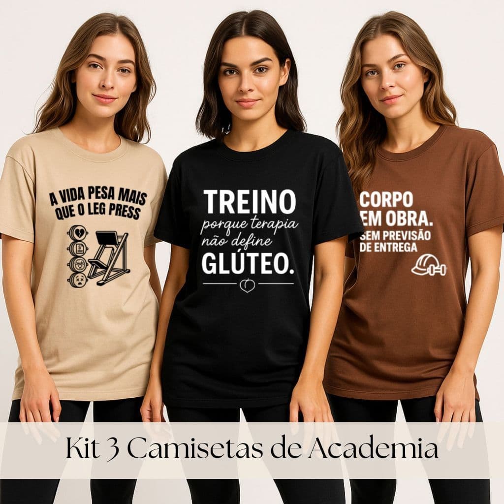Kit 3 Camisetas de Academia Feminina Algodão Estampada Caimento Comprido