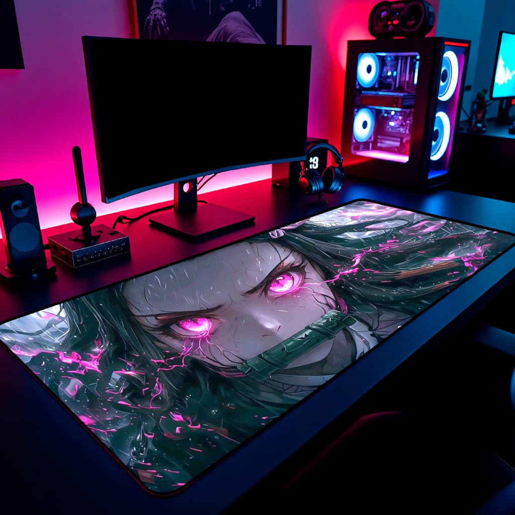 Mouse Pad Gamer Nezuko Eyes Demon Slayer 65x30cm / 80x40cm / 90x50cm / 120x60cm / Borda Costurada