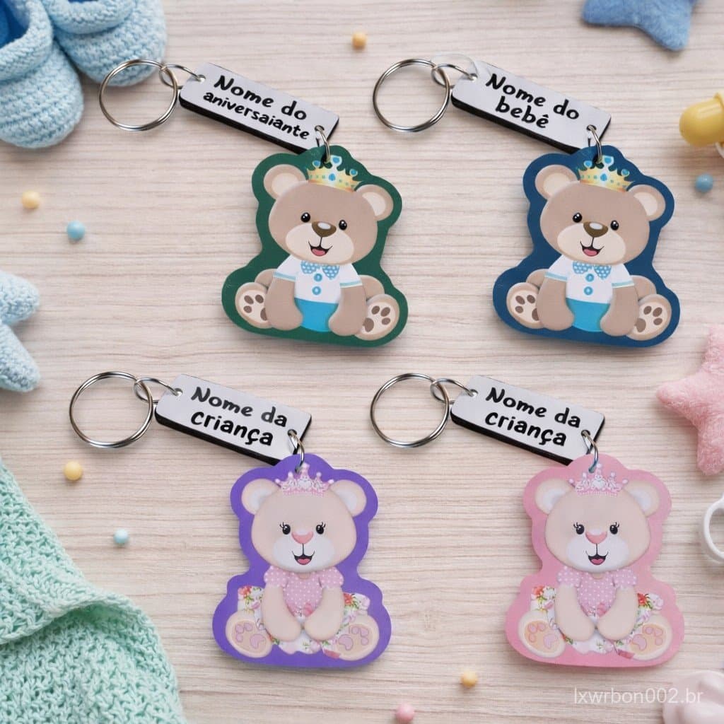 Kit Chaveiros Urso Menino Ursinha Para Festa Aniversário Em Mdf Personalizado Seu Nome