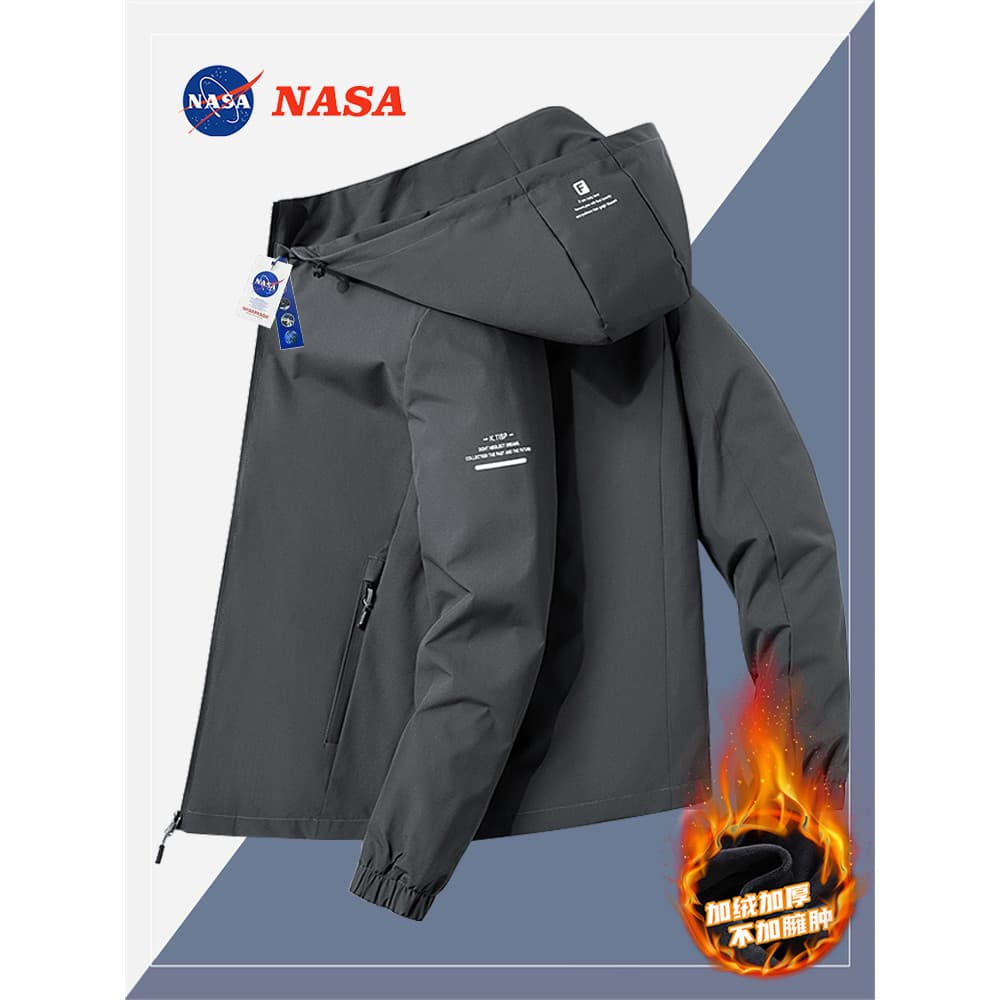 NASA Co-Branded primavera outono inverno jaqueta masculina forro de lã engrossado capuz destacável jaqueta à prova de ve