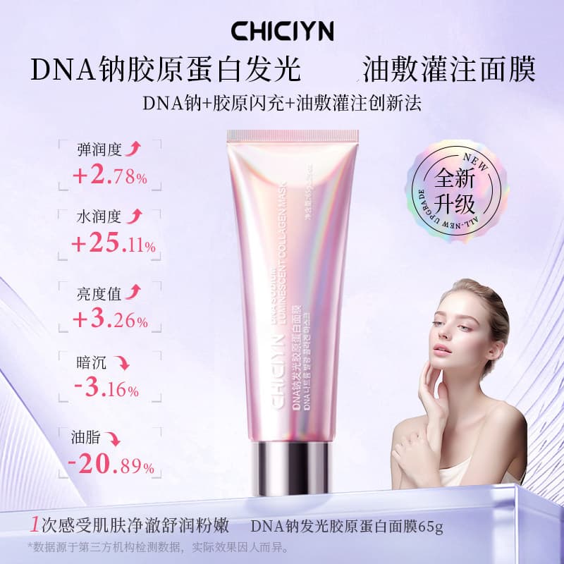 CHICIYN DNA Máscara de colágeno luminosa de sódio, reparação sem enxágue, hidratante, 65g, máscara sem enxágue
