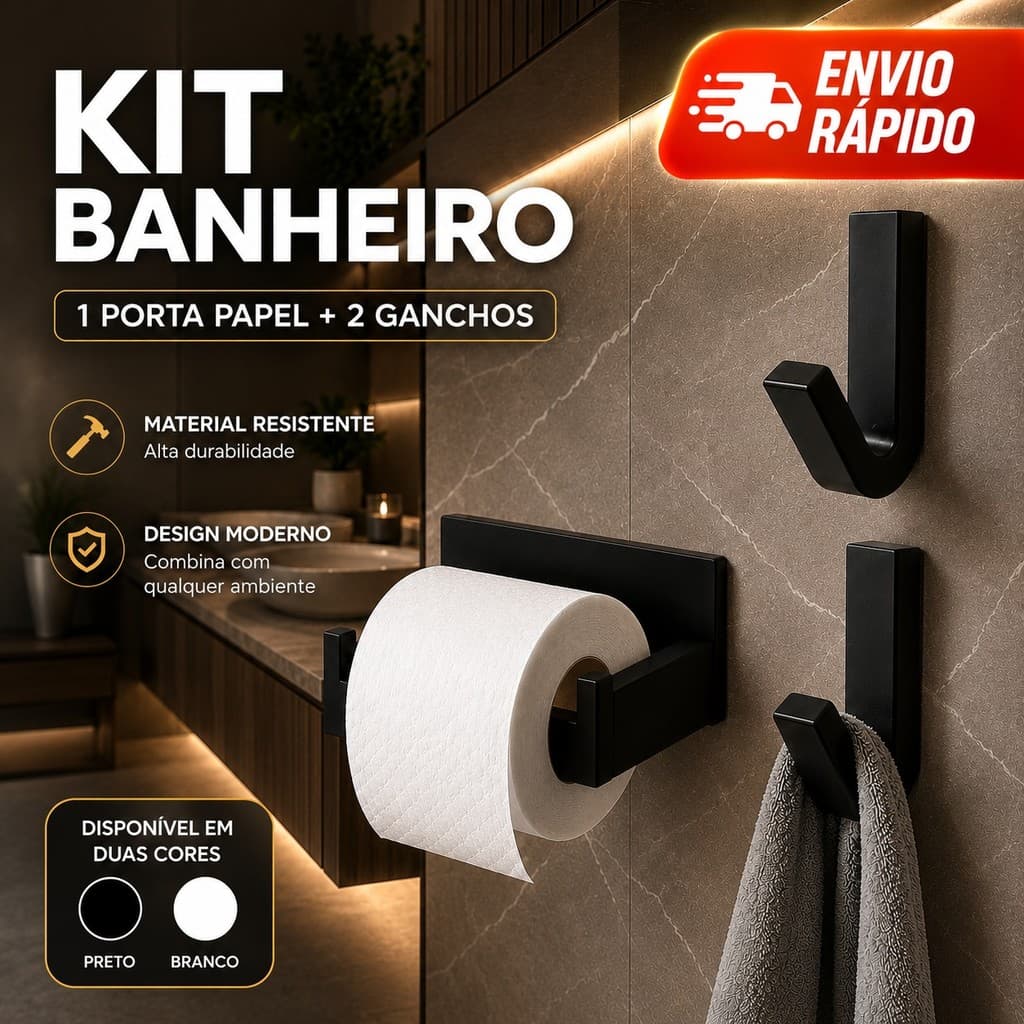 Kit Banheiro Porta Papel Higiênico + 2 Ganchos Preto/Branco Premium