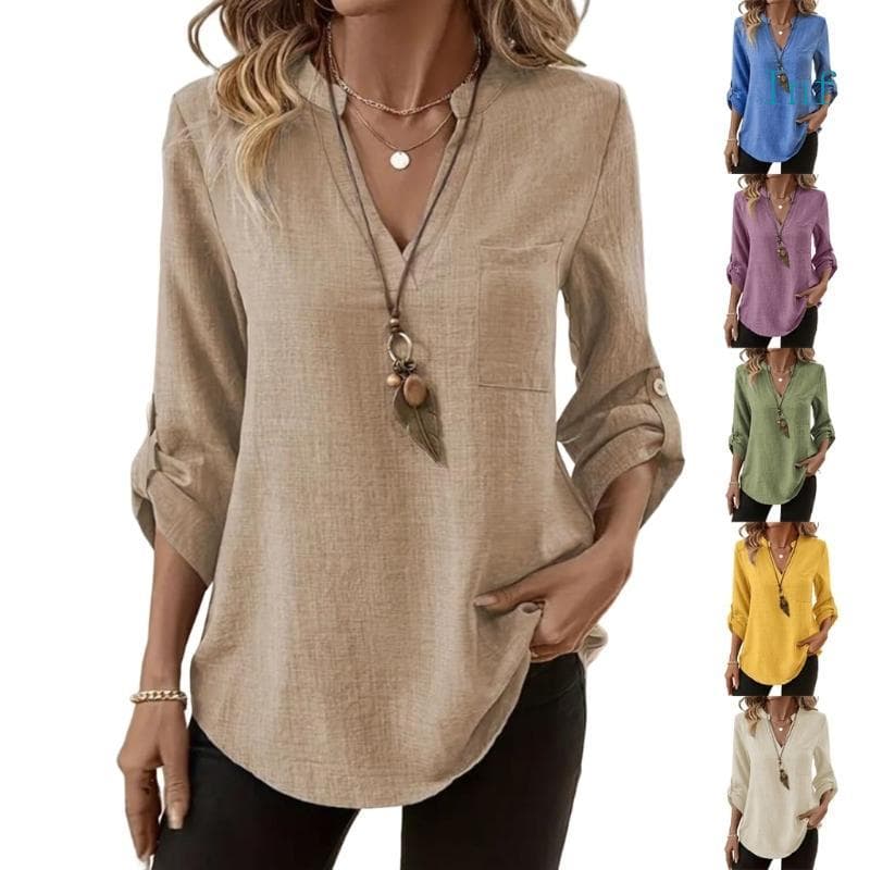 Inf Blusa Feminina 3 4 Comprimentos Botões E Decote V Para Trabalho, Escola, Negócios, Casual, Uso D