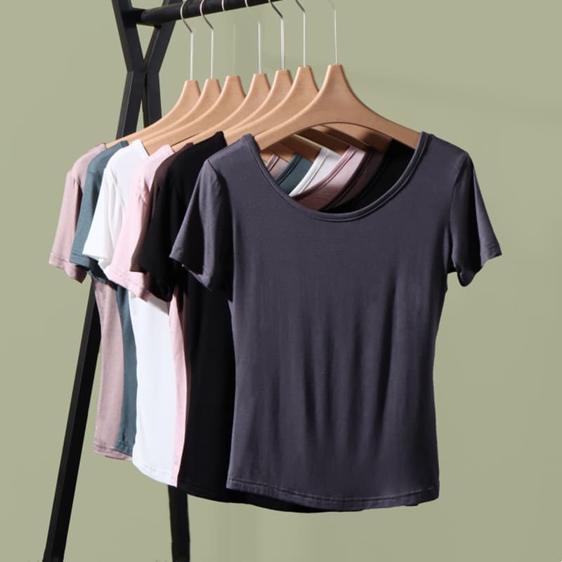 2025 verão Halter volta U-pescoço manga curta camiseta feminina estilo fino cor sólida roupa interior Anti-transparente