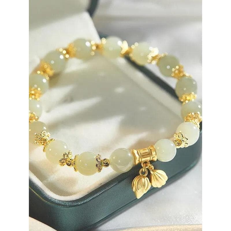 Novo influenciador dois mundos Huan imitação Natural Hetian Yu pulseira corda elástica pulseira de lótus luz luxo High-E