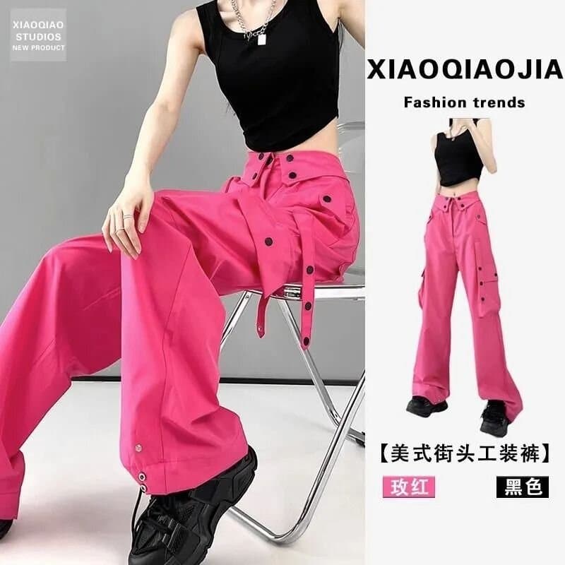 Rosa vermelho americano macacão solto bf preguiçoso estilo feminino 2025 novo estilo Drape High-End perna larga calças d
