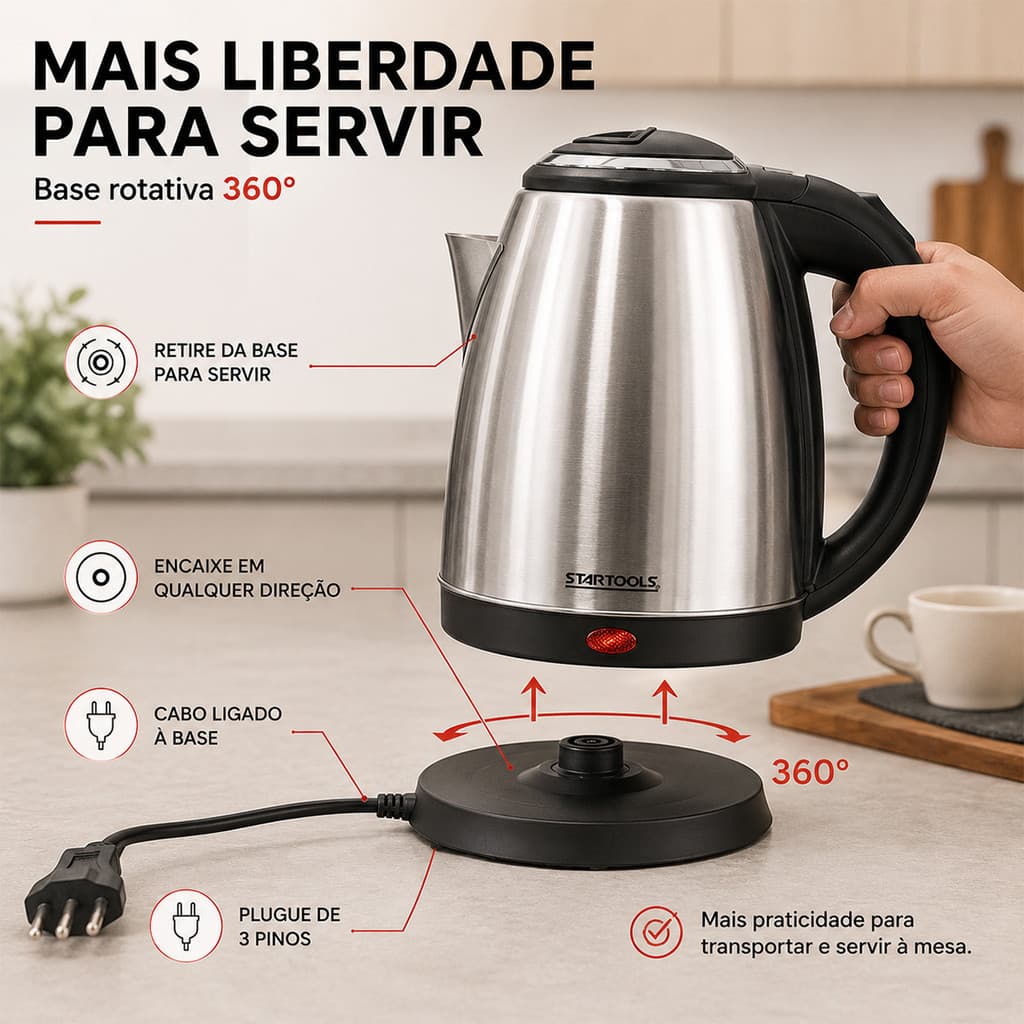 Chaleira Elétrica Inox 2L 220V Base Removível Jarra Sem Fio Desligamento Automático Rápido