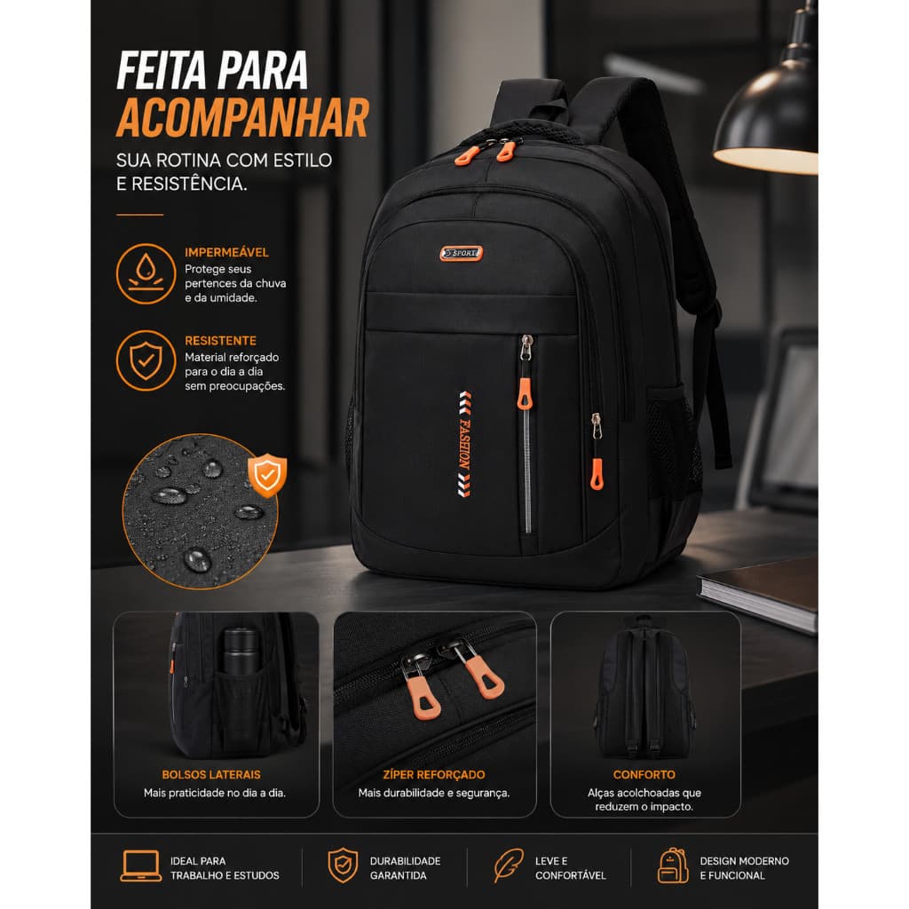 Mochila Bolsa Masculina Impermeável Reforçada Notebook 15.6 Grande Capacidade Trabalho Faculdade Viagem