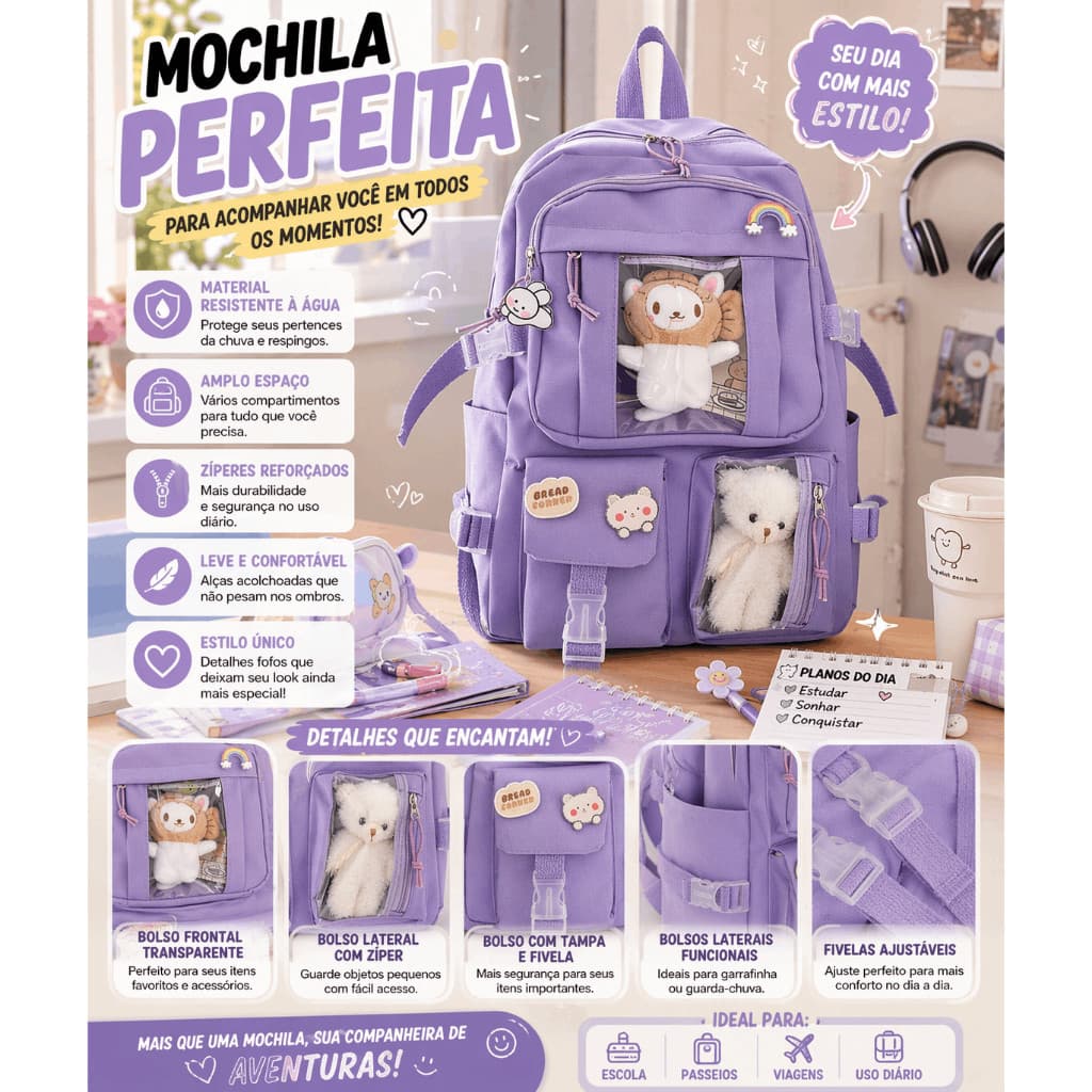 Mochila Bolsa Feminina Escolar Preto-Resistente à Água e Personalizável com Bolso Antifurto