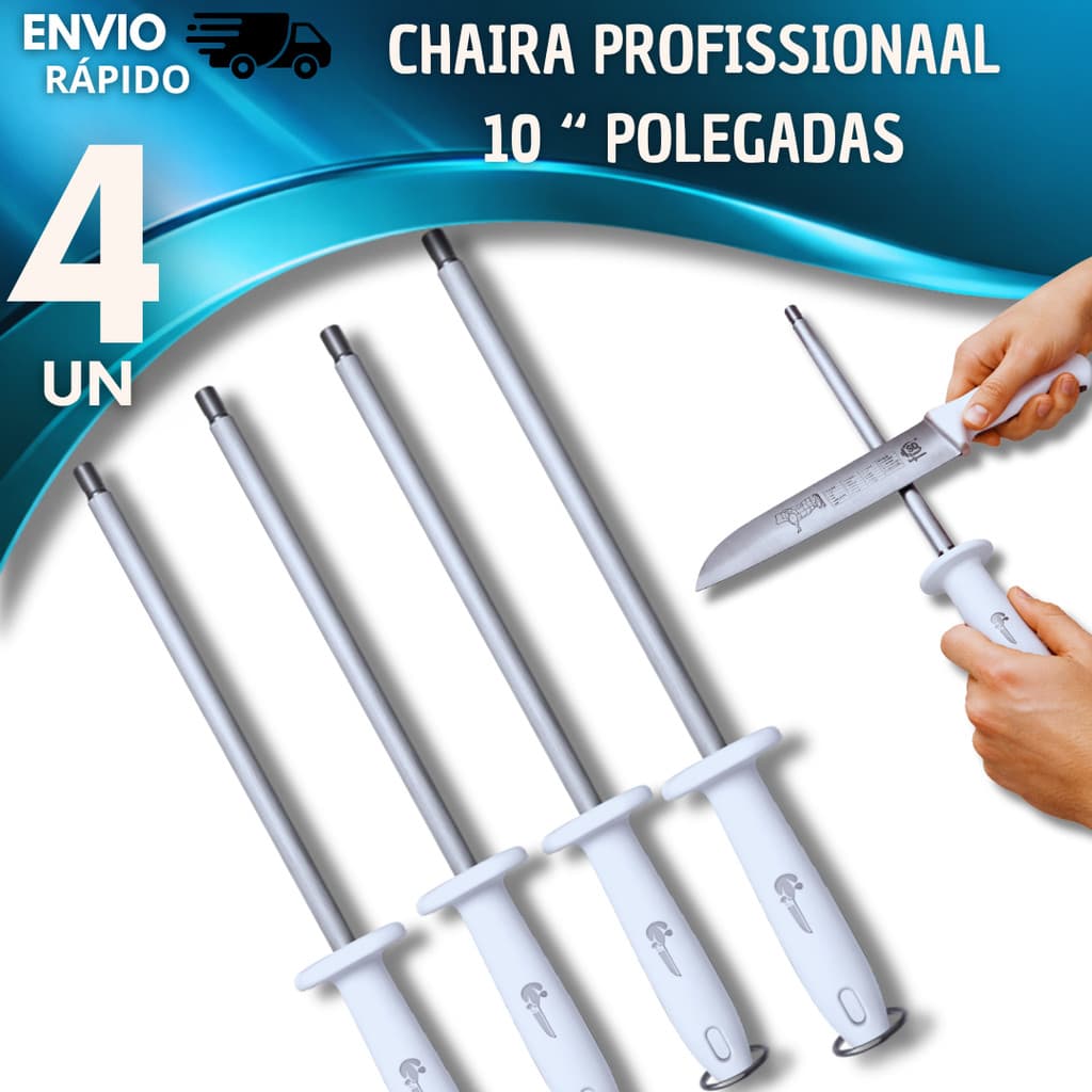 Combo 4 Chaira 10" Aço Inox Rodízio Amolador Faca Utensílios Praticidade