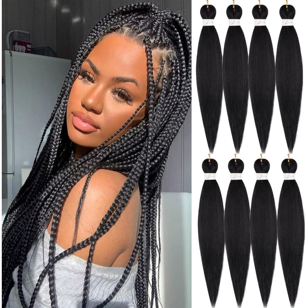 Extensões de Tranças Pretas, Cabelo Pré-Esticado, 26 Polegadas, 8 Peças, Cabelo Preto para Tranças, para Palco, Festa, F