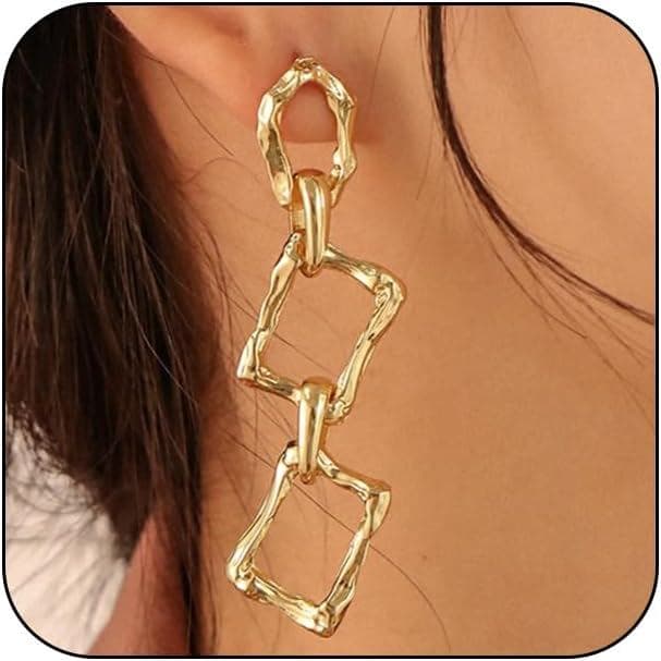 Brincos Pendentes Quadrados de Ouro 14K para Mulheres, Modernos, Brincos Pendentes Longos de Metal Líquido com Elos Geom