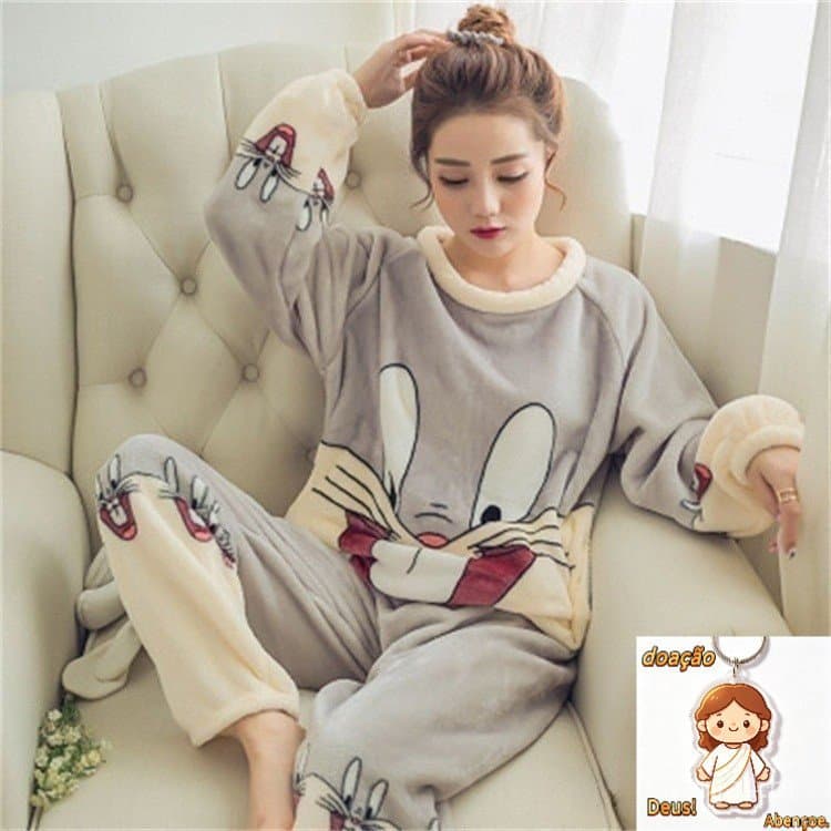 Pijamas Femininos Plus Size Flanela Inverno Frio Adulto, Com Fleece Coral São Roupas de Casa Quiladas para Mulheres.