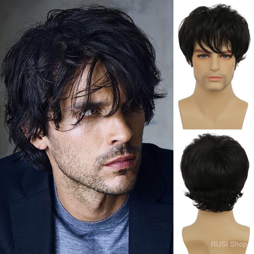 Peruca Preta Fofa Masculina Novo Produto com Franja Reversa e Cauda Peruca Sintética de Moda Curta para Igreja 11.7