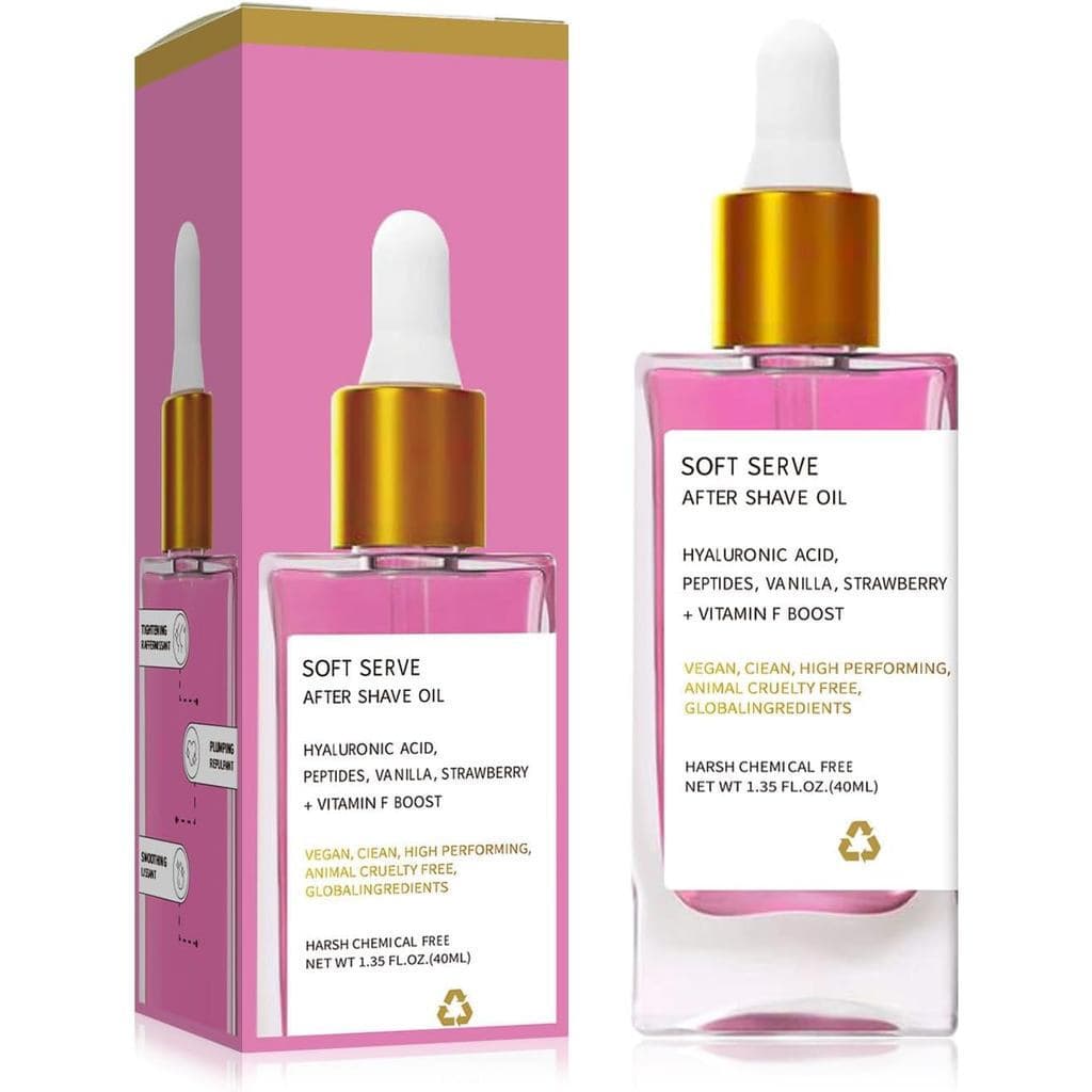 Óleo Pós-Barba Feminino, usado para tratar pelos encravados e queimaduras de depilação, contém extrato de morango e óleo