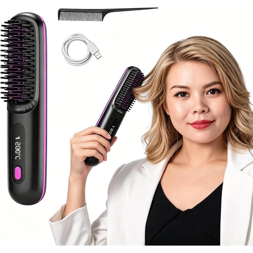 Escova Alisadora De Cabelo Sem Fio , Mini Escovas De Aquecimento Rápido Com Display LED , 3 Temperaturas Ajustáveis Para