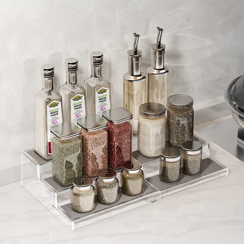 Rack de armazenamento de temperos retrátil, prateleira de cozinha, bancada, armário de exibição em camadas internas, con