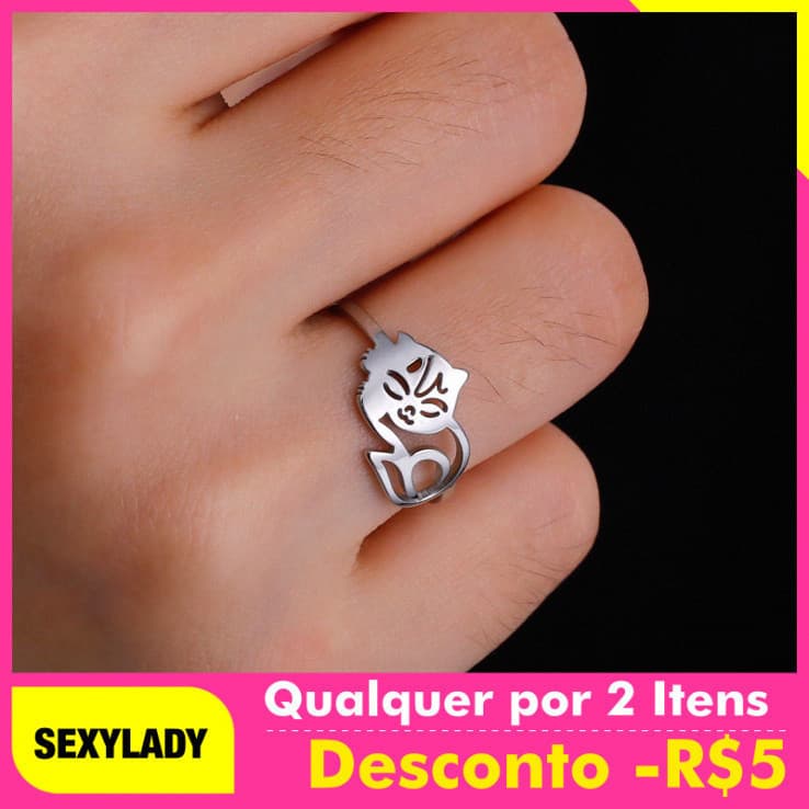Anel Feminino de Aço Inoxidável com Gatinho Dormindo, Joia, Presente de Aniversário, Acessórios, Presentes de Joias