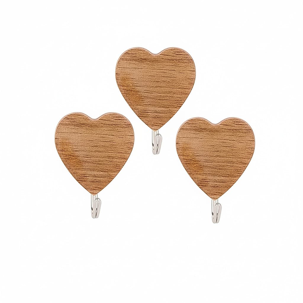 Gancho decorativo adesivo (plástico) coração, textura de madeira, 3pcs