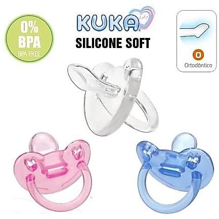 Chupeta Kuka 100% Silicone Soft Ortodôntica com Alça Para Bebês de 6+ Meses Tm.2 e Prendedor de Fita