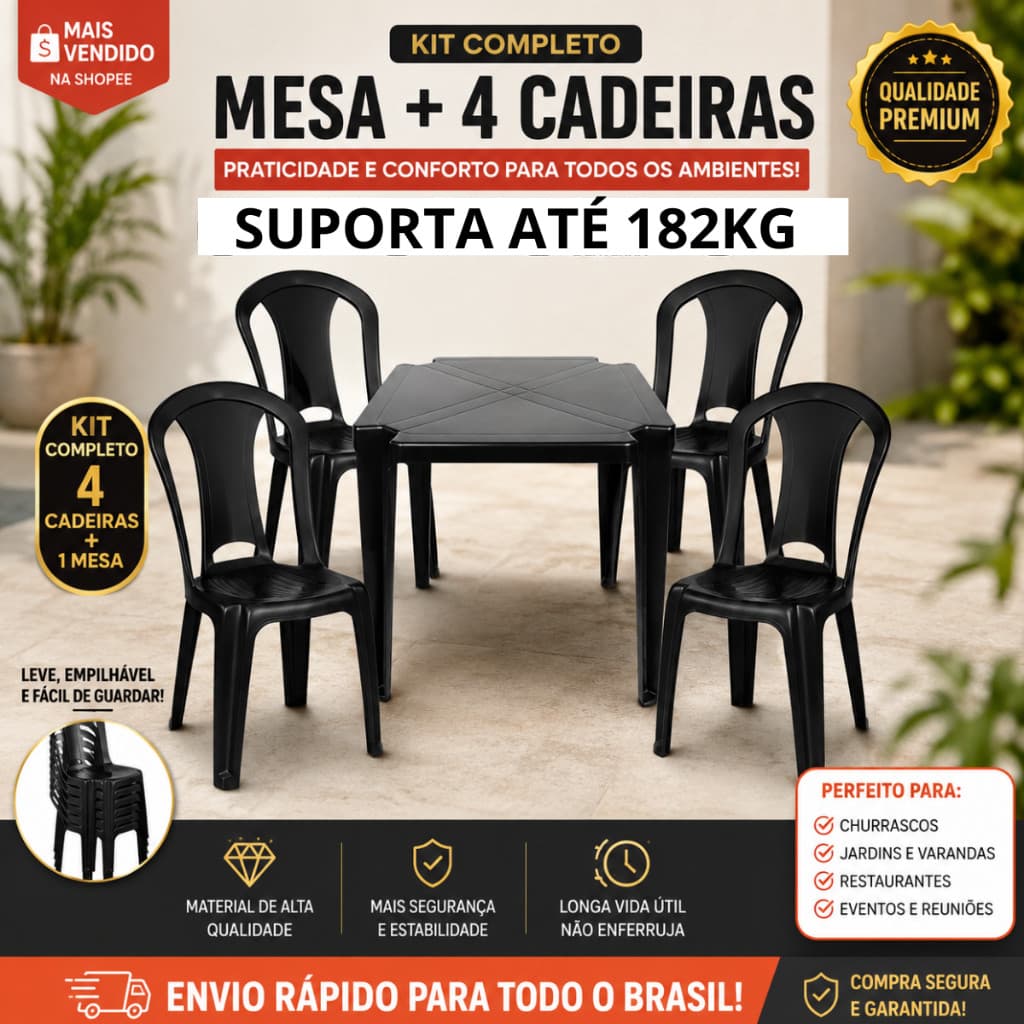 Jogo De Mesa e Cadeiras de Plástico Reforçada 182kg Preta Branca