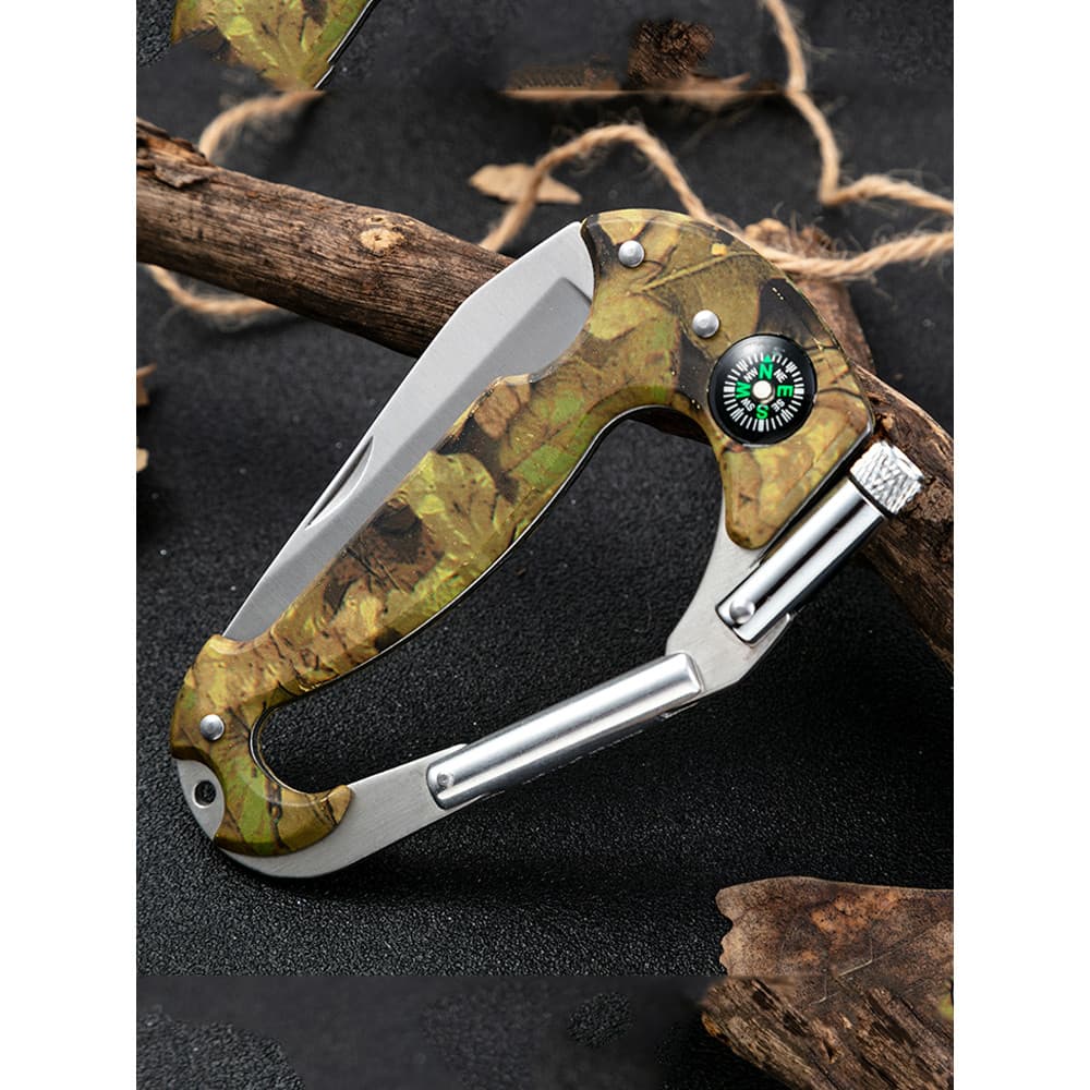 Folha de bordo camuflagem multifuncional mosquetão com faca LED luz bússola ao ar livre portátil gancho pendurado fivela