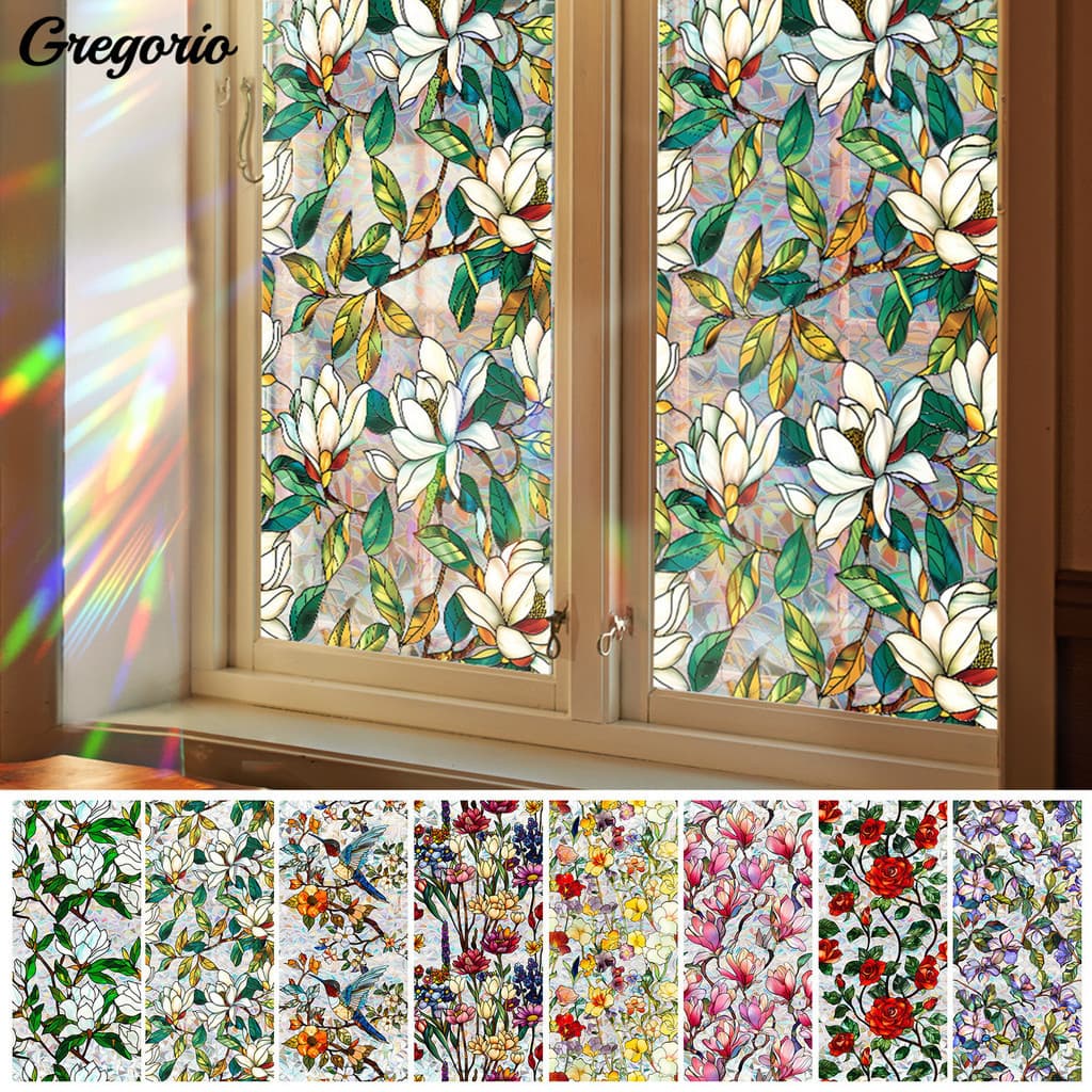 GRH-Flor Janela Filme De Privacidade Dupla Face Vitral Arco-Íris Sol