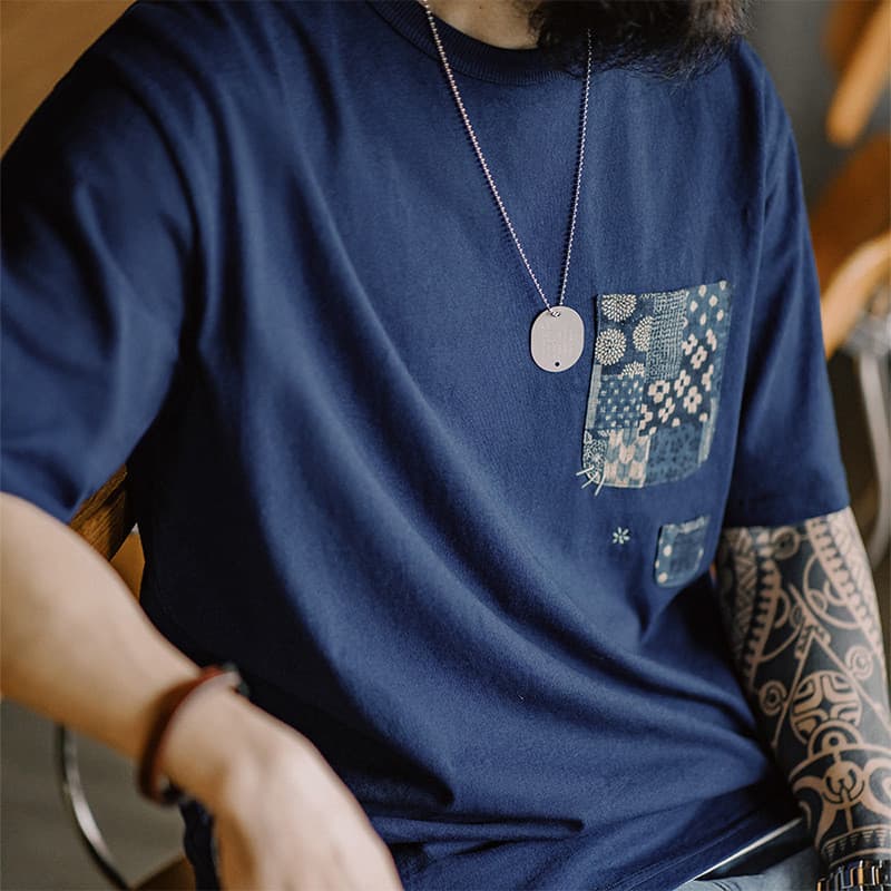 Moderno ferramental planta azul tingido antigo pano costura bolso camiseta americano Casual Retro puro algodão topo masc