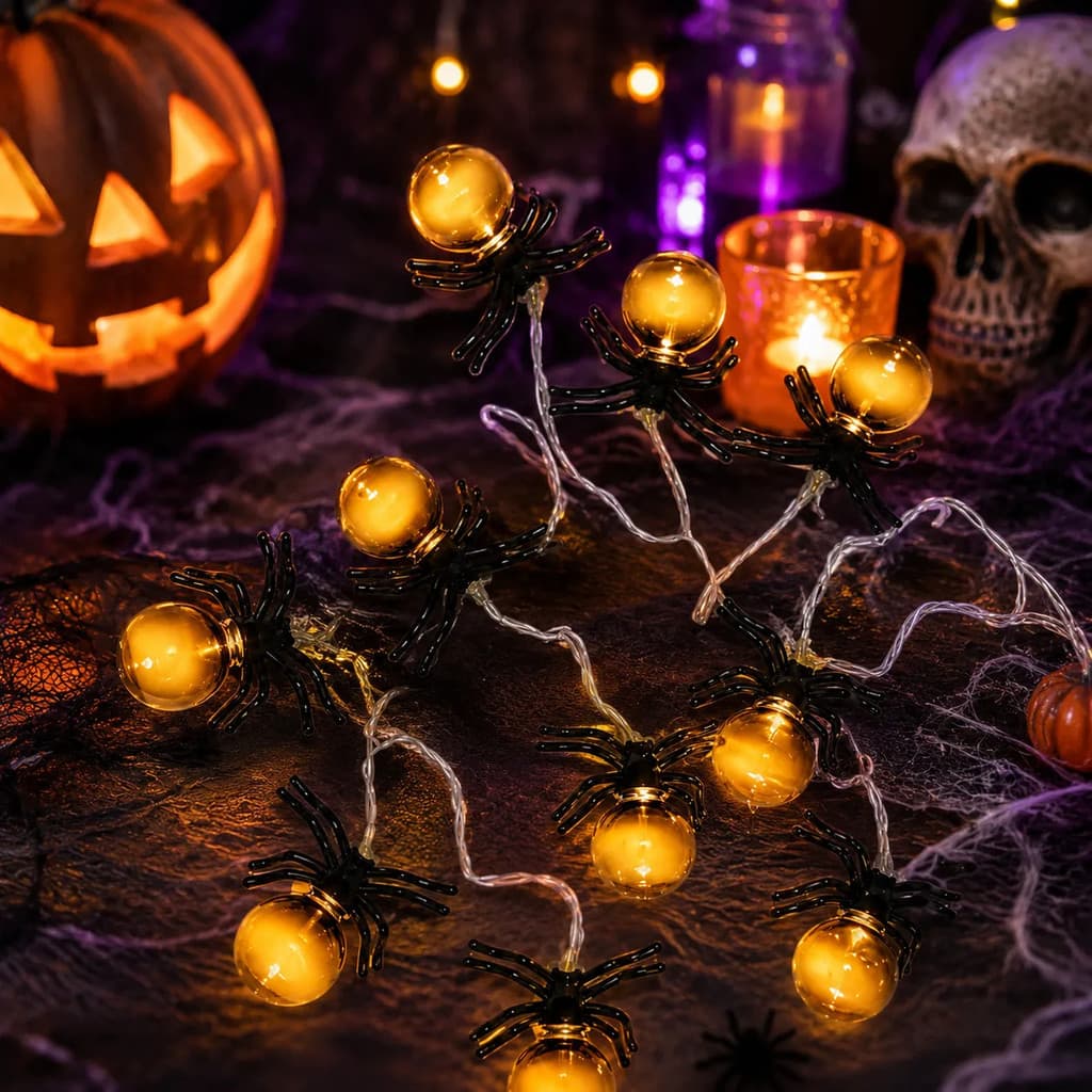 Enfeite Decoração De Aranhas Festa Halloween Varal Luzes Led