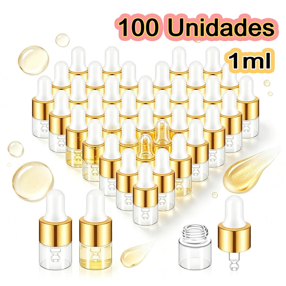 Kit 100 Frascos De Vidro Conta-Gotas Transparente 1ml  Para Óleos Essenciais Sérum Cosmético Viagem Amostras