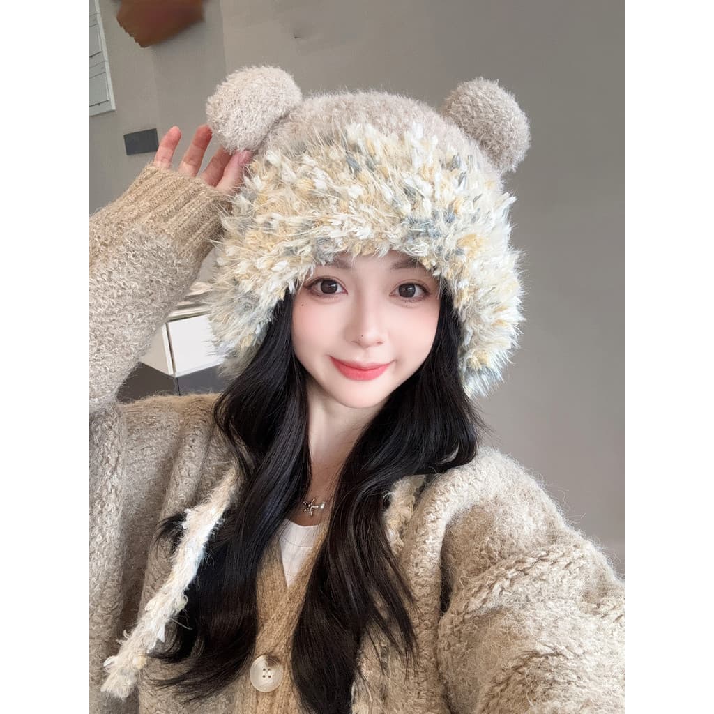 Doce bonito orelhas de urso chapéu de malha de pelúcia feminino 2025 novo estilo outono inverno quente à prova de frio p