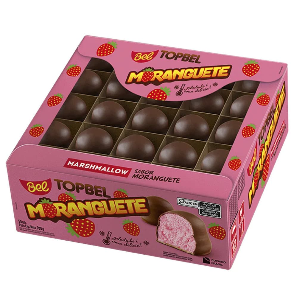 Moranguete TopBel Caixa C/50 Unidades Bombom de Marshmallow Sabor Morango Coberto com Chocolate