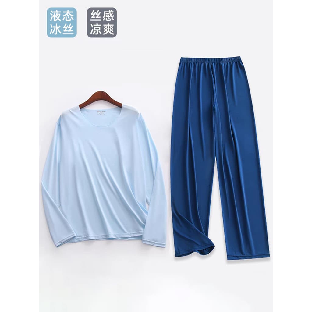 Pijamas masculinos até o tornozelo calças de pijama de seda gelo manga comprida terno de verão estilo fino legal roupas