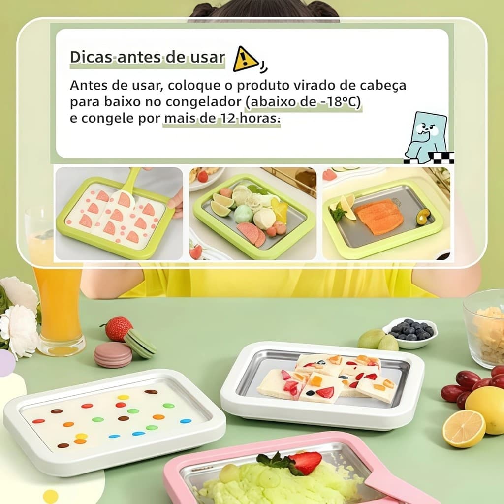 Bandeja Sorvetes em Rolo na Chapa Inox 25x20cm com 2 Espátulas Sem Eletricidade P.QIU