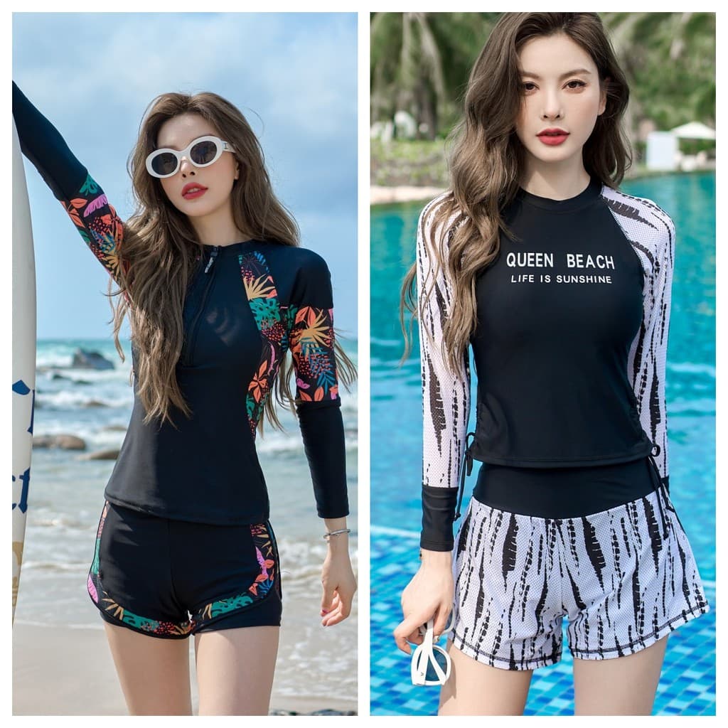 Maiô feminino 2023 verão novo estilo Split manga longa beira-mar protetor solar conservador Boxer esportes lazer estilo