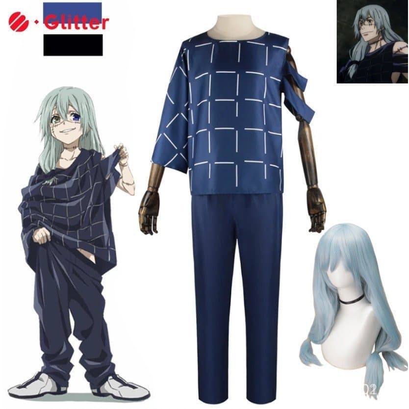 Conjunto de Fantasia Cosplay Mahito de Jujutsu Kaisen para Adultos, Incluindo Camisa e Calças, Perucas Azuis, Camisetas,