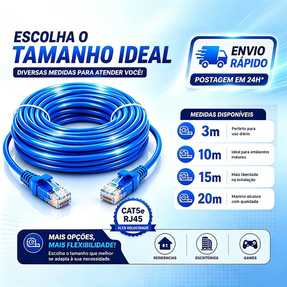 ⚡ Cabo Ethernet LAN CAT5e Alta Velocidade | Sinal Estável Oxidação Resistente Para Casa E Escritório 3M/10M/15M/20M