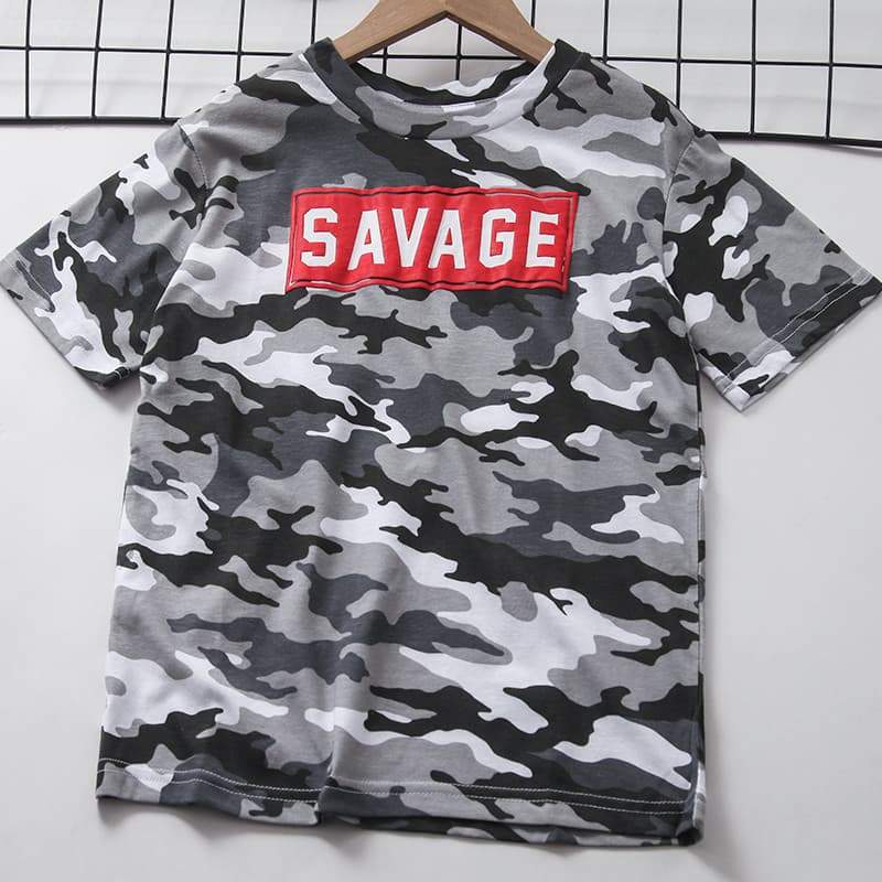 Comércio exterior cauda bens roupas infantis verão meninos camiseta de manga curta puro algodão camuflagem camisa de mei