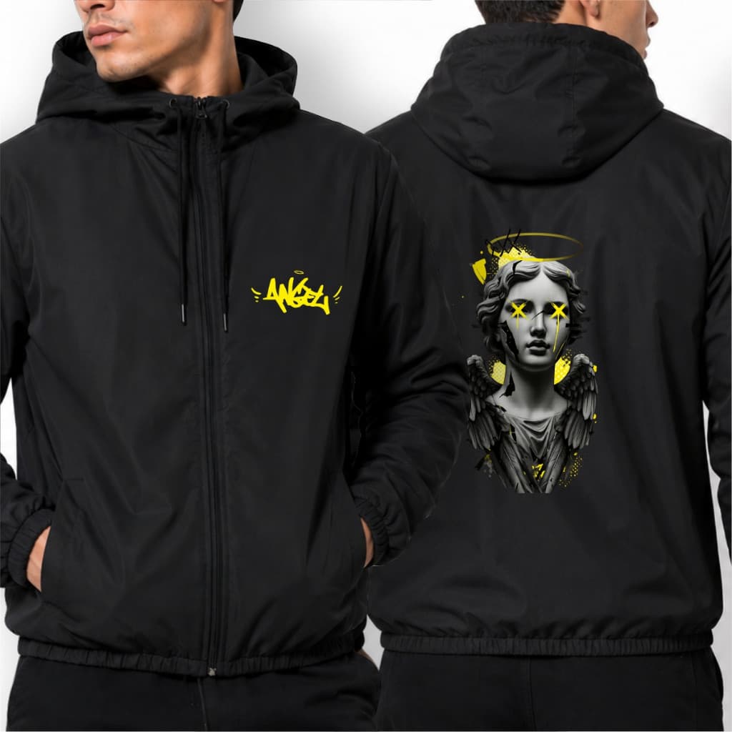 Jaqueta Corta Vento Street Masculina ANGEL 02 Com Capuz Forrado Bolso e Zíper tactel Com Elastano Academia Corrida Skate