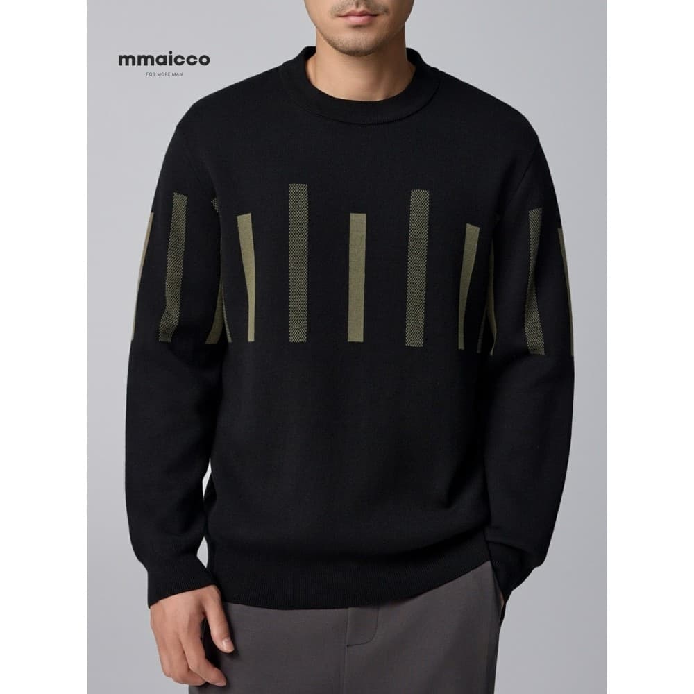Momaike Suéter masculino listrado de cor contrastante, outono inverno 2024, gola redonda, suéter Casual solto