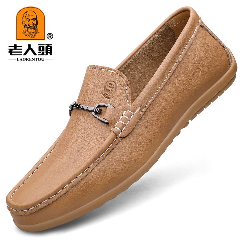 Sapatos masculinos de couro genuíno com ervilhas para idosos 2026 novo estilo sola macia deslizamento em sapatos masculi