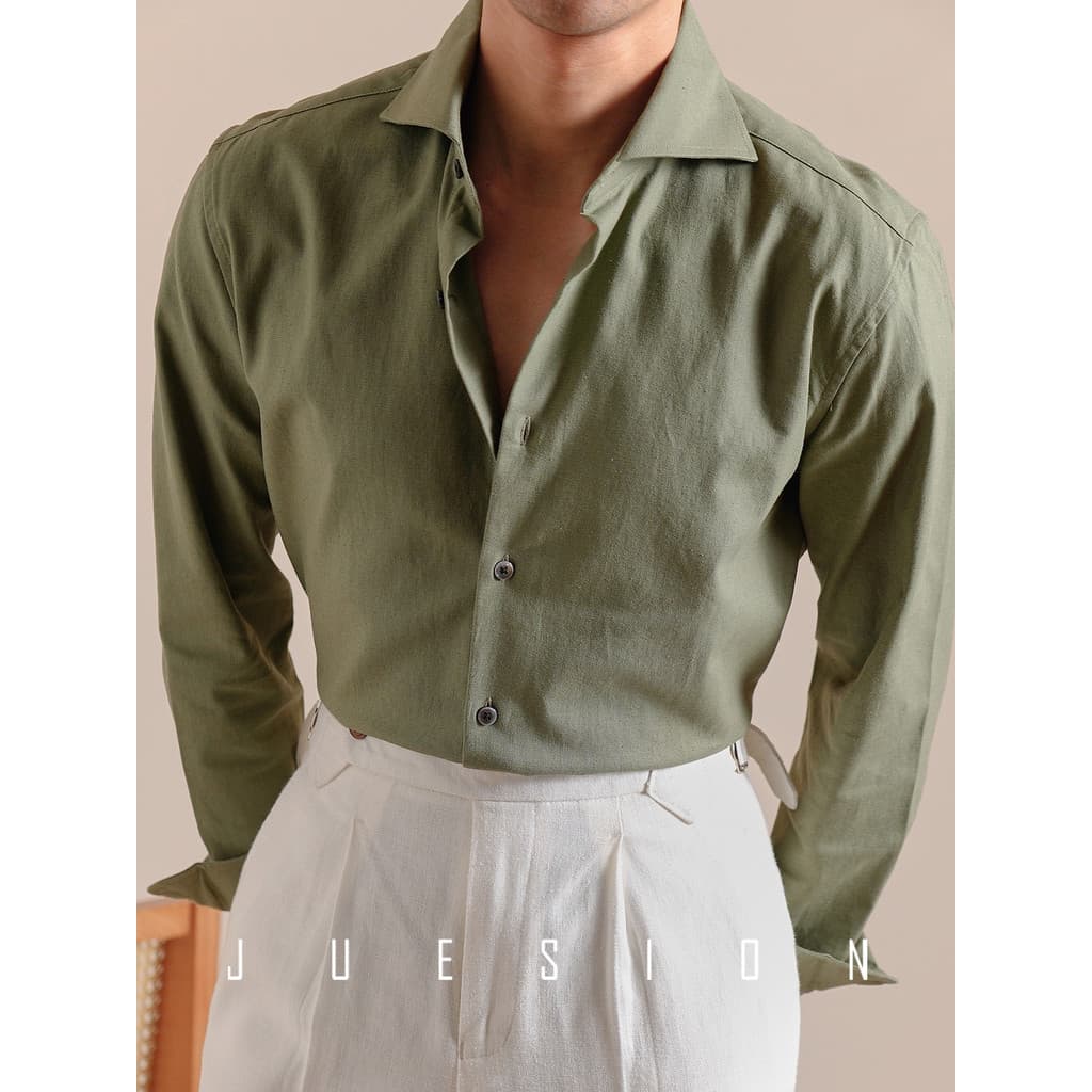 Jucean primavera verão respirável camisa de pescoço plano masculina manga longa cor sólida italiano Casual algodão linho