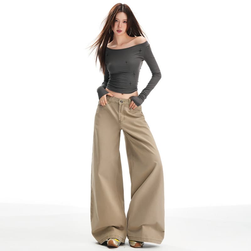 Americano cáqui cintura alta perna larga Jeans feminino outono 2025 novo estilo All-Match solto mais magro olhar em linh