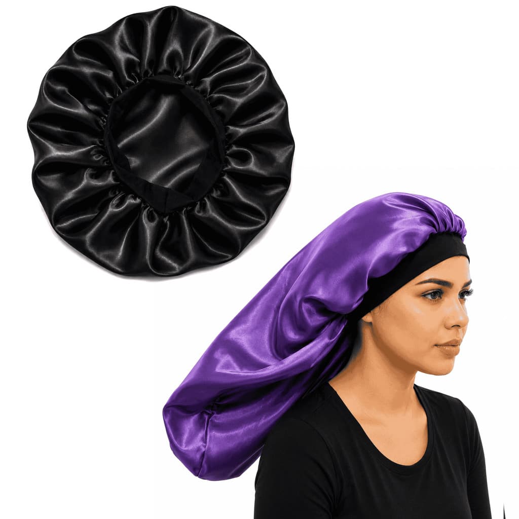 Kit Touca de Cetim Preta e Touca longa de cetim Roxa