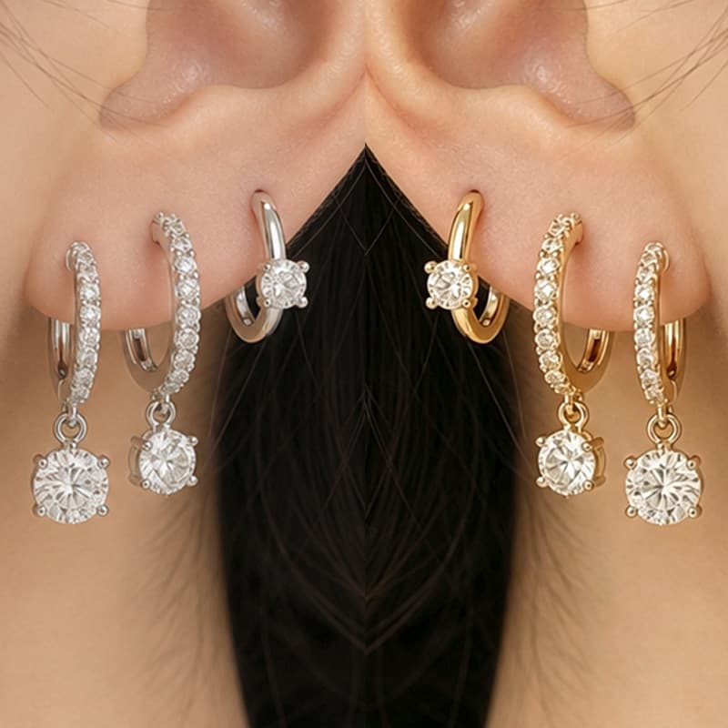 Kit 3 PCS de brincos argola femininos prata 925, incrustados com zircônia, banhados a ouro 18K