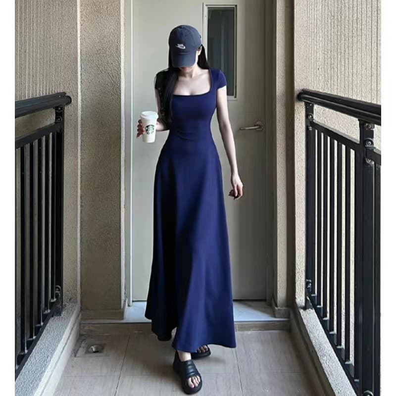 2024 francês quadrado pescoço azul vestido de manga curta feminino verão novo estilo elegante pequeno sobre o joelho A l