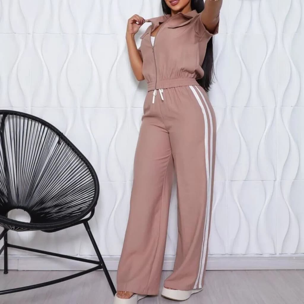 Conjunto Manga Curta Feminino Blusa Pantalona Elegante Esportivo Com Linhas Casual Nude