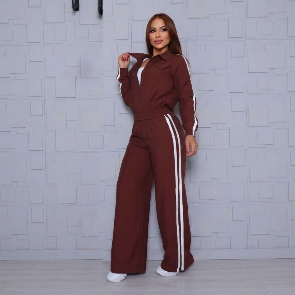 Conjunto Feminino Listras Jaqueta Com Zíper Elástico na Cintura Bolsos Laterais Casual Sensorial Marrom